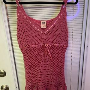 Vintage Pink Crochet Tank XL Extra Large Faded Glory Camisole Lined Ribbon